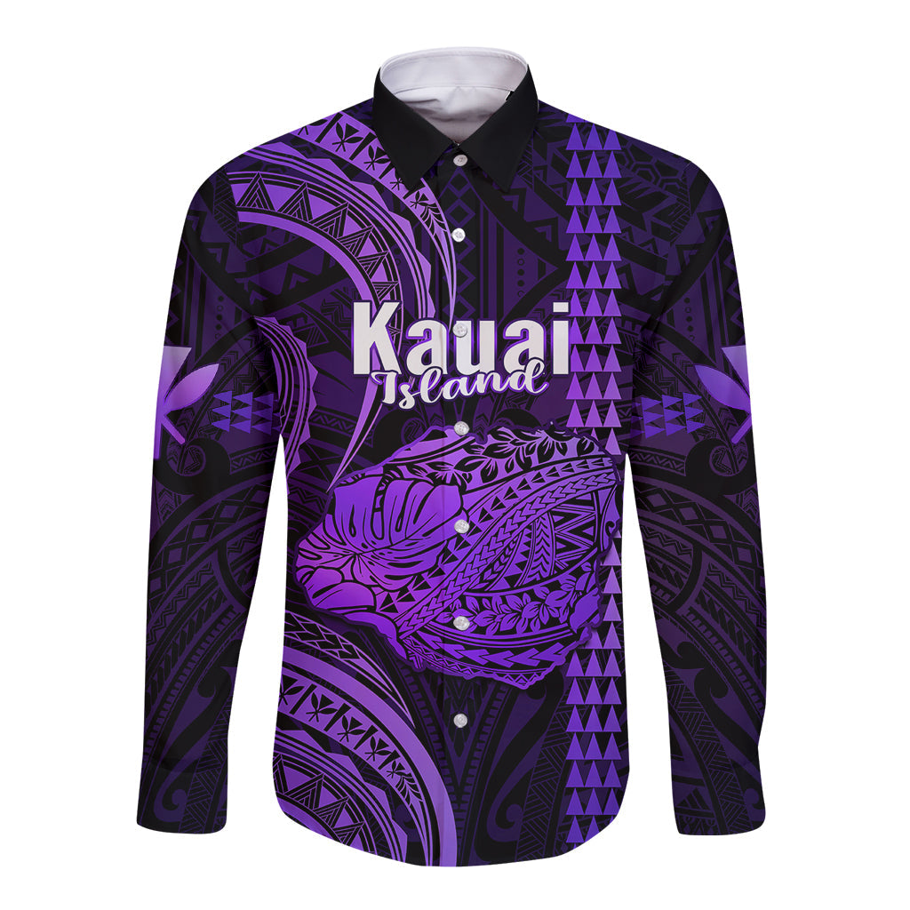 Personalised Hawaiian Islands Long Sleeve Button Shirt Kauai Map Purple Kanaka With Kakau