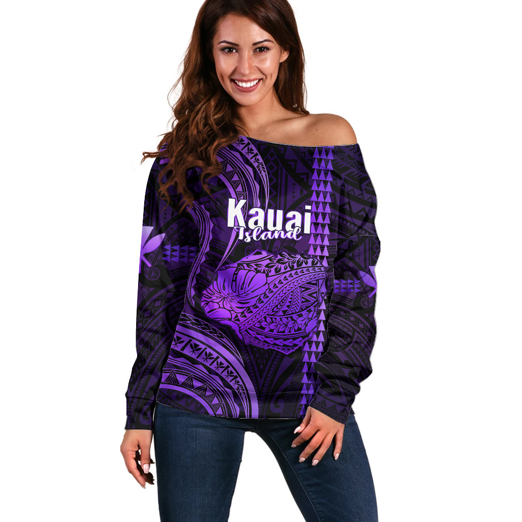Personalised Hawaiian Islands Off Shoulder Sweater Kauai Map Purple Kanaka With Kakau
