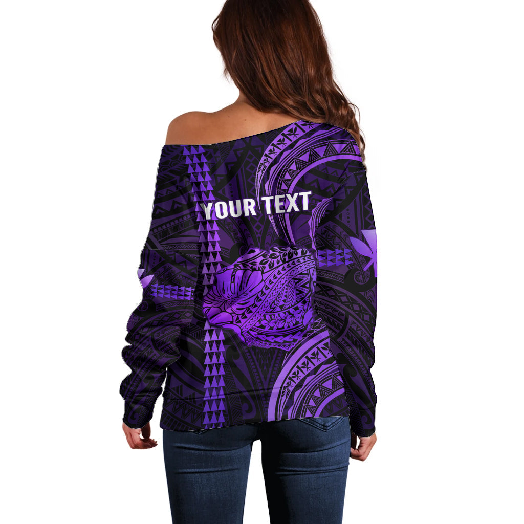 Personalised Hawaiian Islands Off Shoulder Sweater Kauai Map Purple Kanaka With Kakau