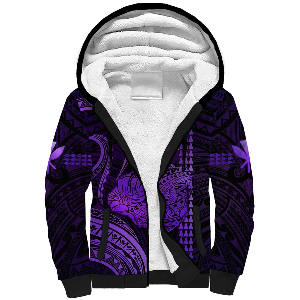 Personalised Hawaiian Islands Sherpa Hoodie Kauai Map Purple Kanaka With Kakau
