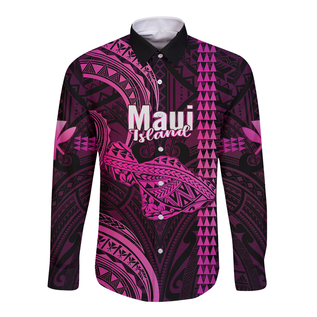 Polynesian Hawaiian Islands Long Sleeve Button Shirt Maui Map Pink Kanaka With Kakau
