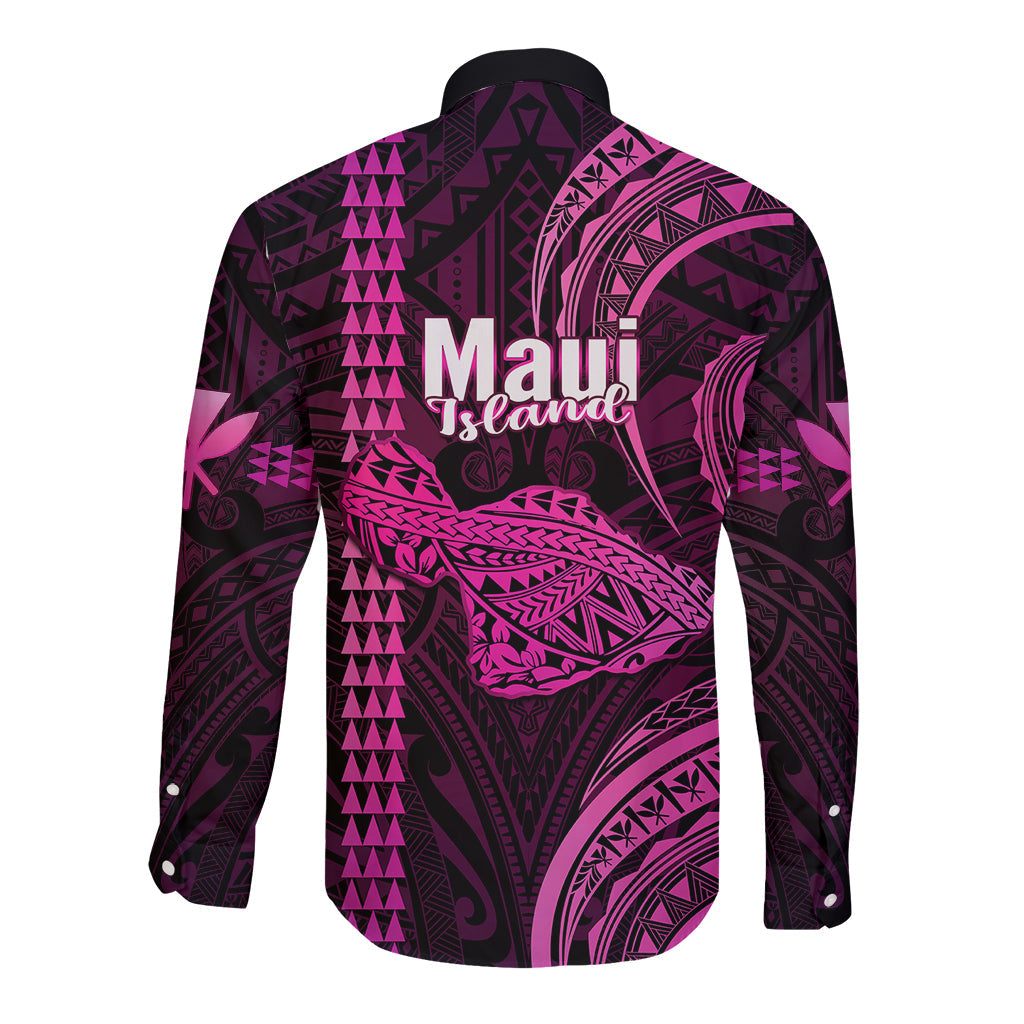 Polynesian Hawaiian Islands Long Sleeve Button Shirt Maui Map Pink Kanaka With Kakau