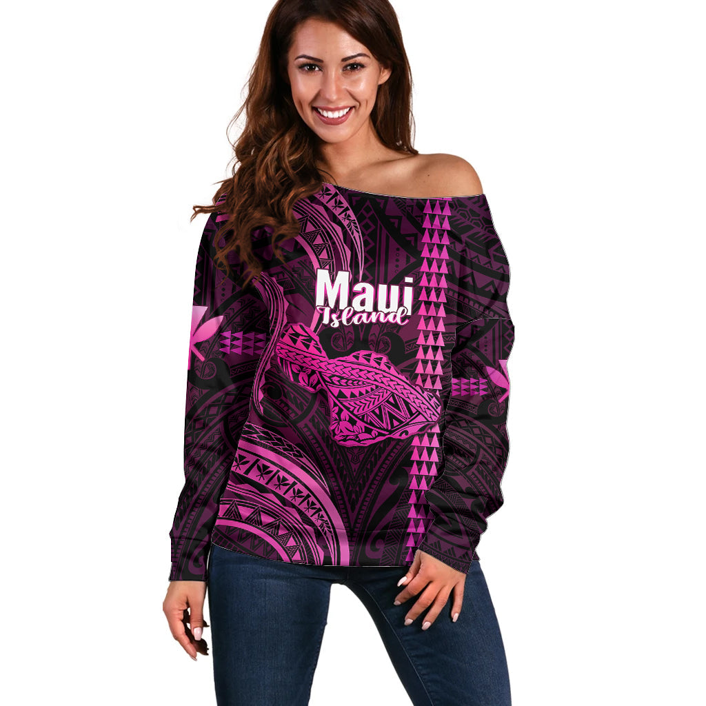 Polynesian Hawaiian Islands Off Shoulder Sweater Maui Map Pink Kanaka With Kakau