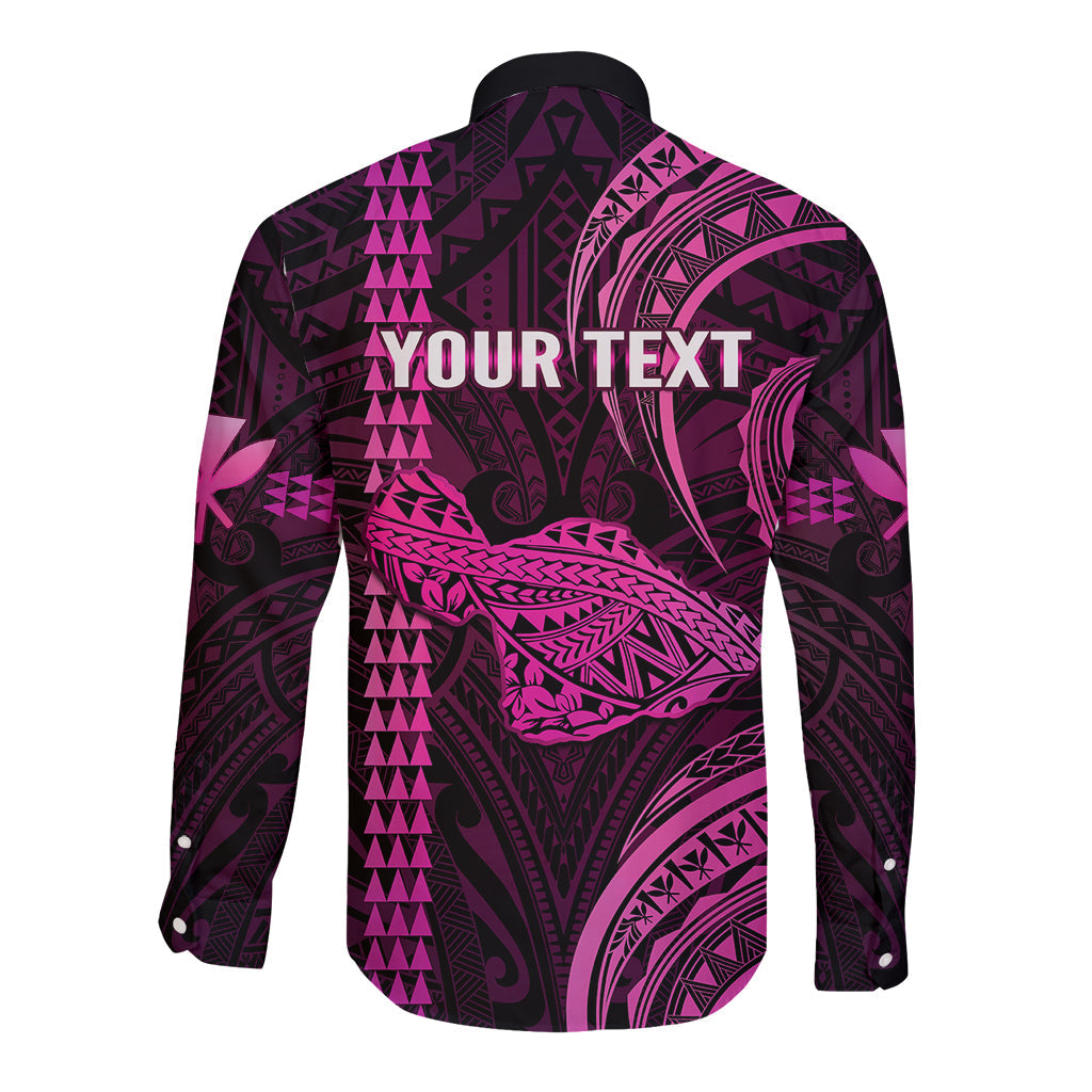 Personalised Hawaiian Islands Long Sleeve Button Shirt Maui Map Pink Kanaka With Kakau