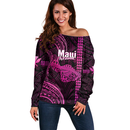 Personalised Hawaiian Islands Off Shoulder Sweater Maui Map Pink Kanaka With Kakau