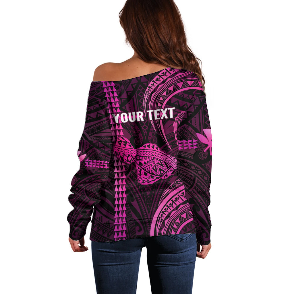 Personalised Hawaiian Islands Off Shoulder Sweater Maui Map Pink Kanaka With Kakau