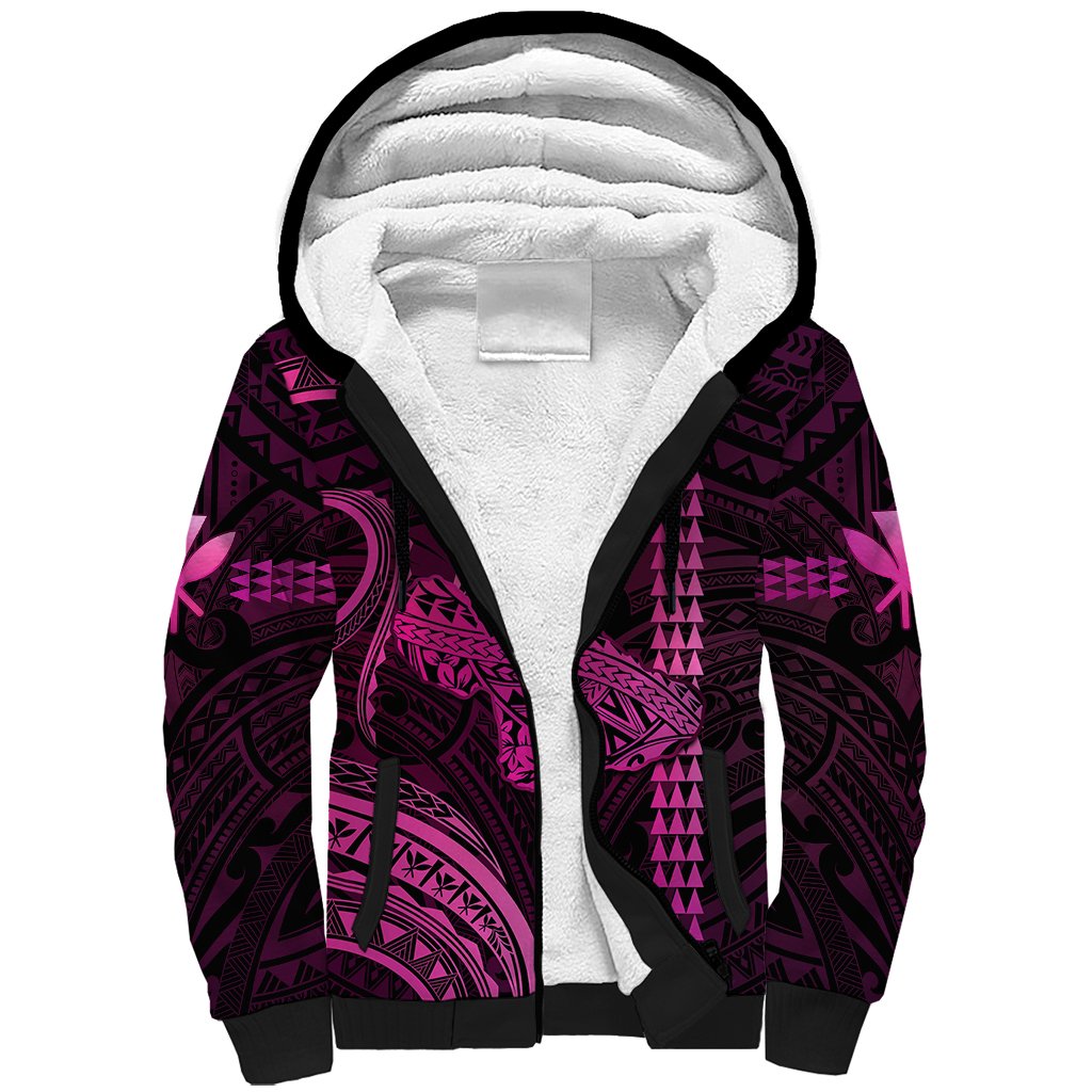 Personalised Hawaiian Islands Sherpa Hoodie Maui Map Pink Kanaka With Kakau