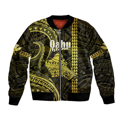 Polynesian Hawaiian Islands Bomber Jacket Oahu Map Yellow Kanaka With Kakau
