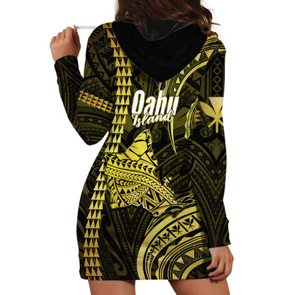 Polynesian Hawaiian Islands Hoodie Dress Oahu Map Yellow Kanaka With Kakau