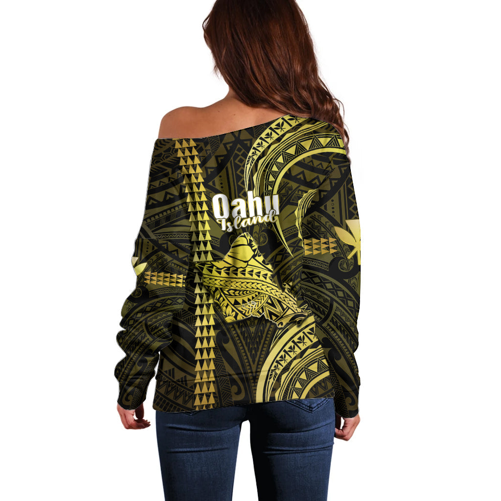 Polynesian Hawaiian Islands Off Shoulder Sweater Oahu Map Yellow Kanaka With Kakau