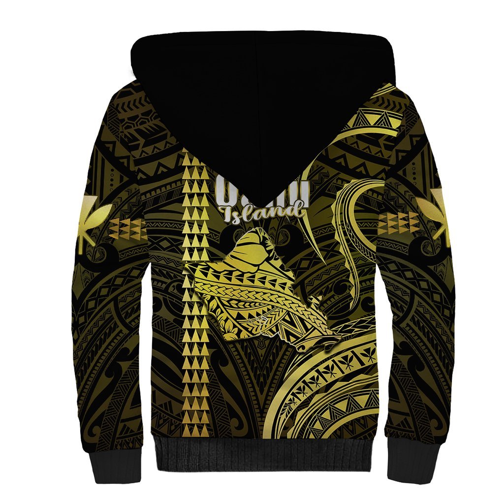Polynesian Hawaiian Islands Sherpa Hoodie Oahu Map Yellow Kanaka With Kakau