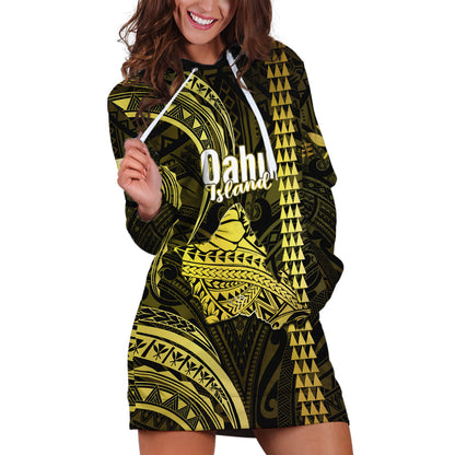 Personalised Hawaiian Islands Hoodie Dress Oahu Map Yellow Kanaka With Kakau