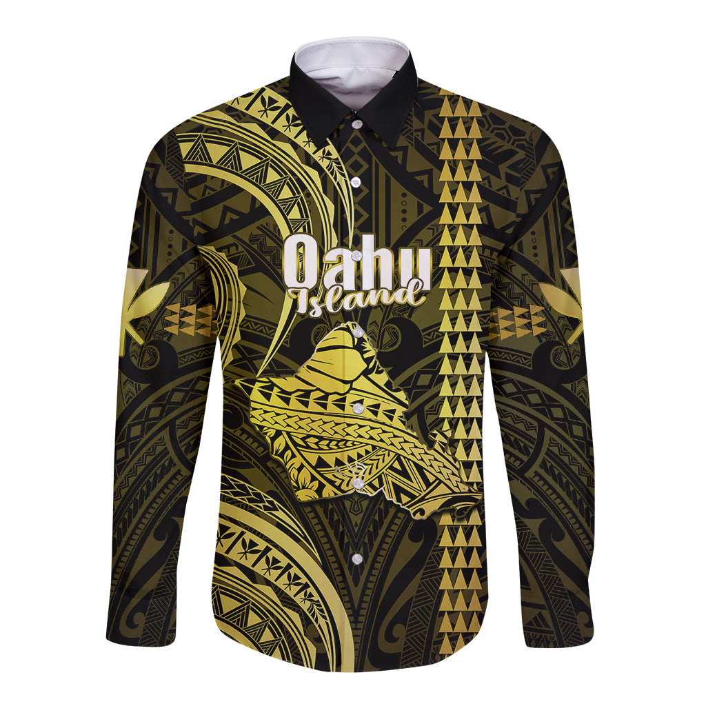 Personalised Hawaiian Islands Long Sleeve Button Shirt Oahu Map Yellow Kanaka With Kakau