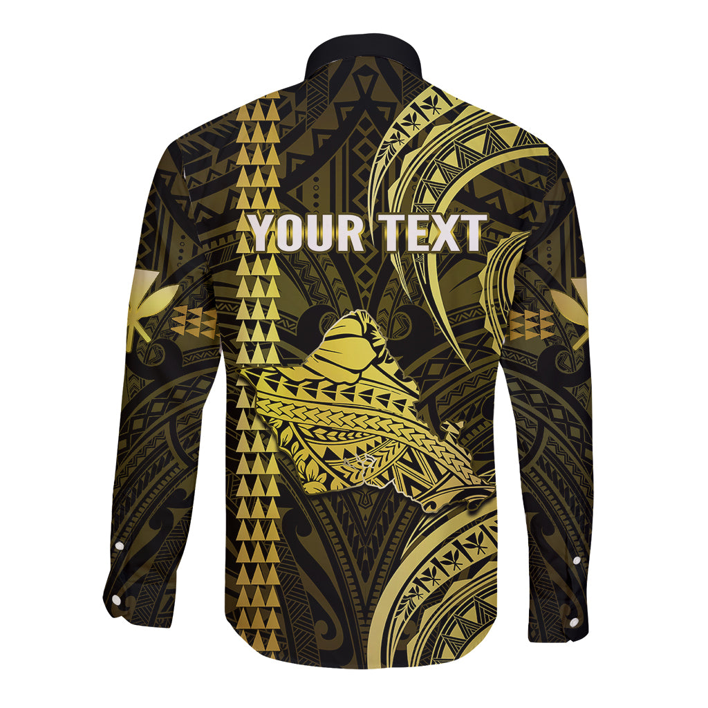 Personalised Hawaiian Islands Long Sleeve Button Shirt Oahu Map Yellow Kanaka With Kakau