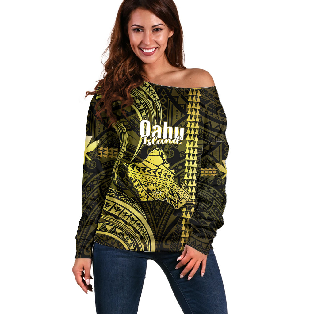 Personalised Hawaiian Islands Off Shoulder Sweater Oahu Map Yellow Kanaka With Kakau