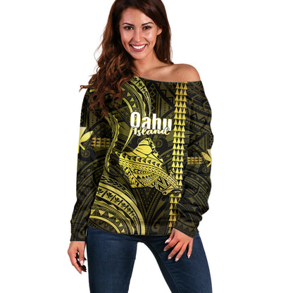 Personalised Hawaiian Islands Off Shoulder Sweater Oahu Map Yellow Kanaka With Kakau