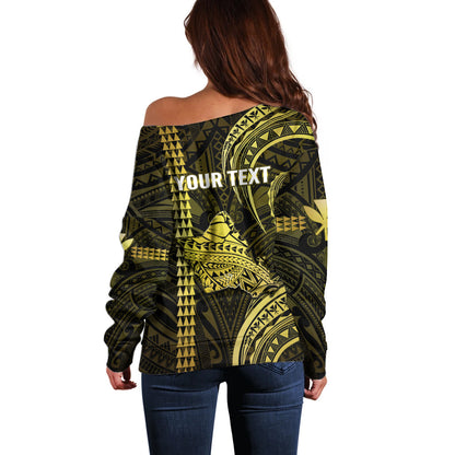 Personalised Hawaiian Islands Off Shoulder Sweater Oahu Map Yellow Kanaka With Kakau