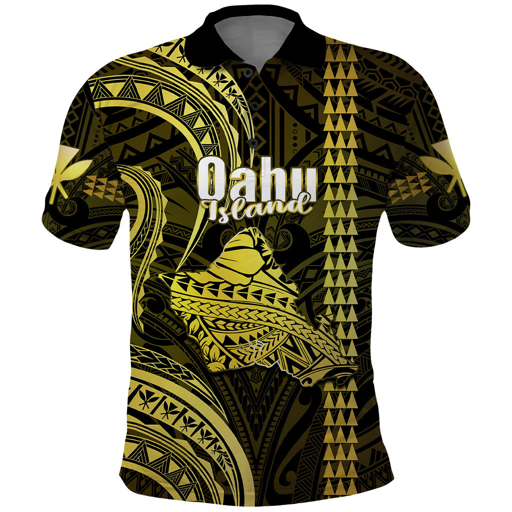Personalised Hawaiian Islands Polo Shirt Oahu Map Yellow Kanaka With Kakau
