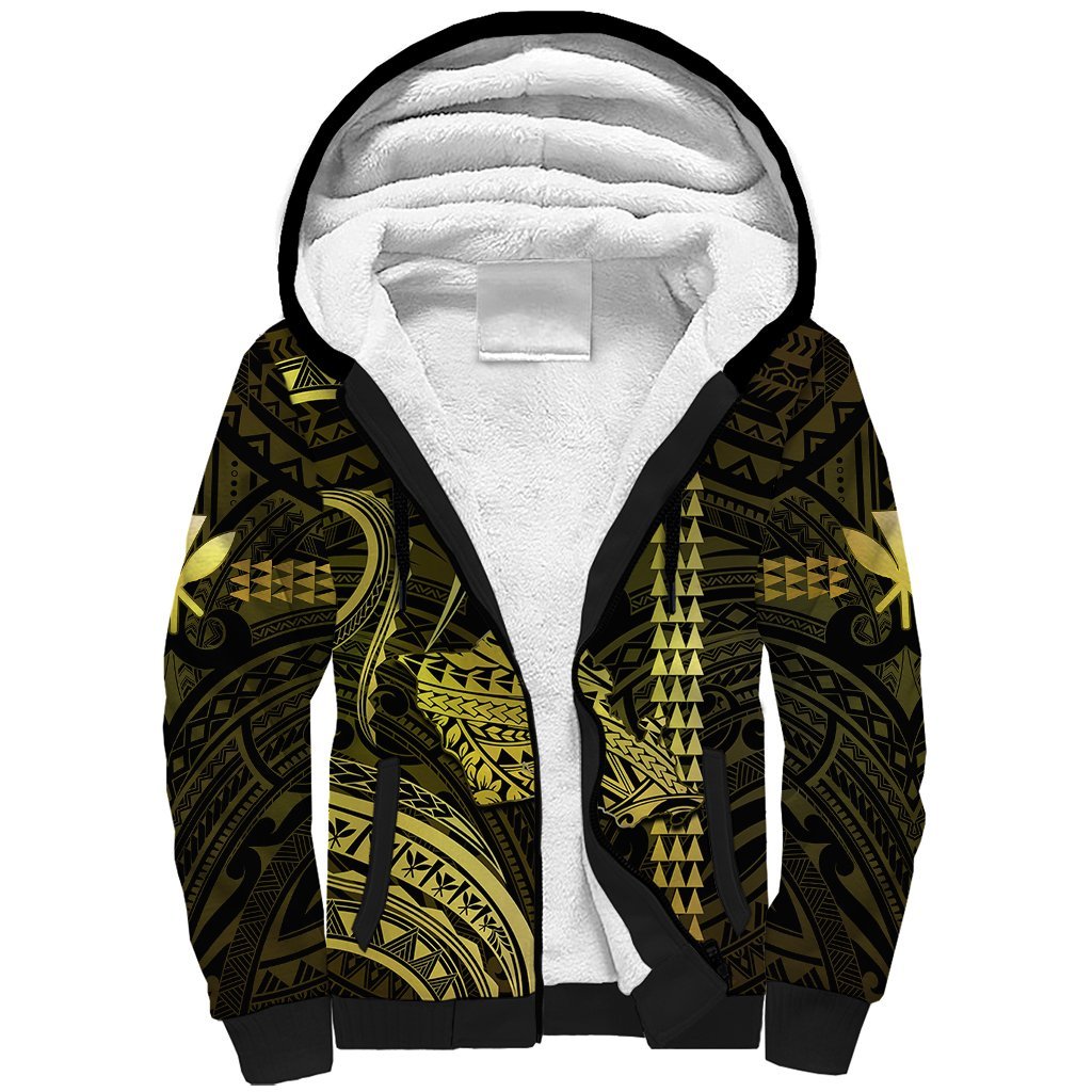Personalised Hawaiian Islands Sherpa Hoodie Oahu Map Yellow Kanaka With Kakau