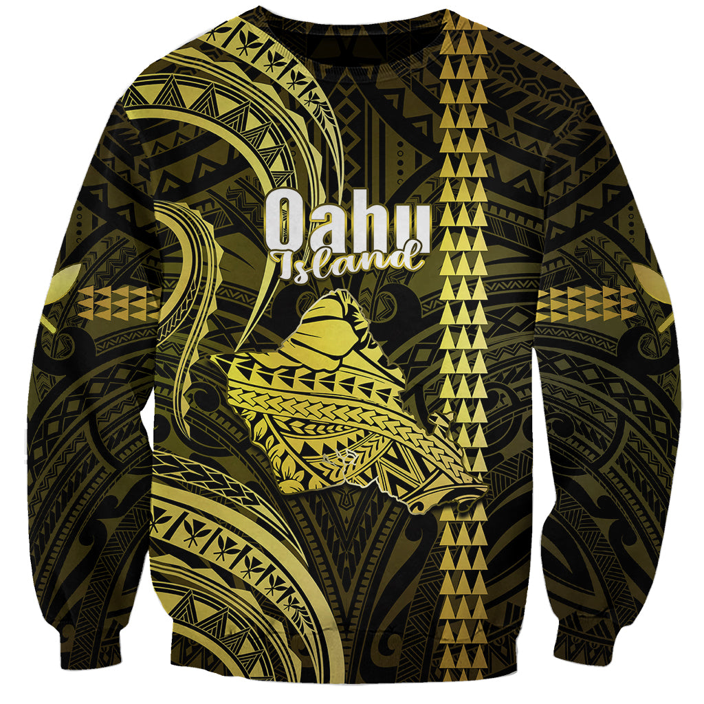 Personalised Hawaiian Islands Sweatshirt Oahu Map Yellow Kanaka With Kakau
