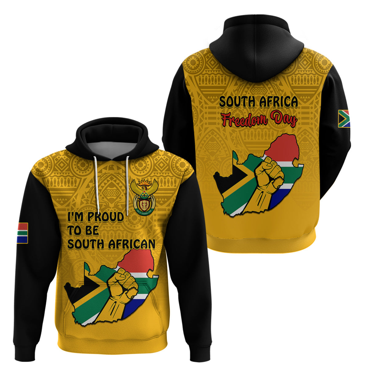 South Africa Hoodie African Pattern Happy Freedom Day Yellow Version