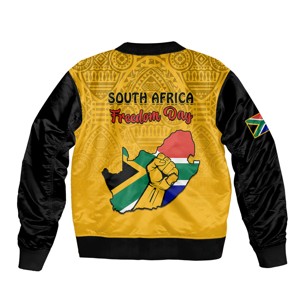South Africa Sleeve Zip Bomber Jacket African Pattern Happy Freedom Day Yellow Version