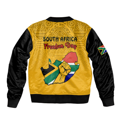 South Africa Sleeve Zip Bomber Jacket African Pattern Happy Freedom Day Yellow Version