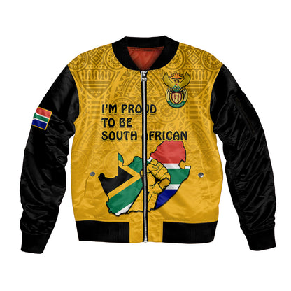 (Custom Personalised) South Africa Sleeve Zip Bomber Jacket African Pattern Happy Freedom Day Yellow Version