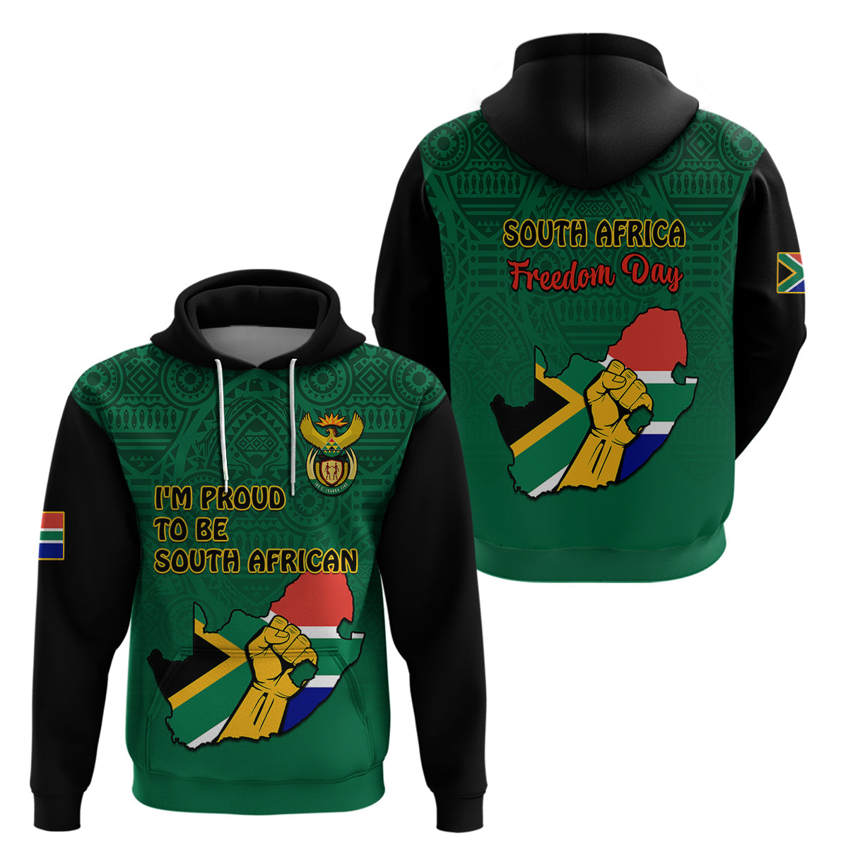 South Africa Hoodie African Pattern Happy Freedom Day Green Version