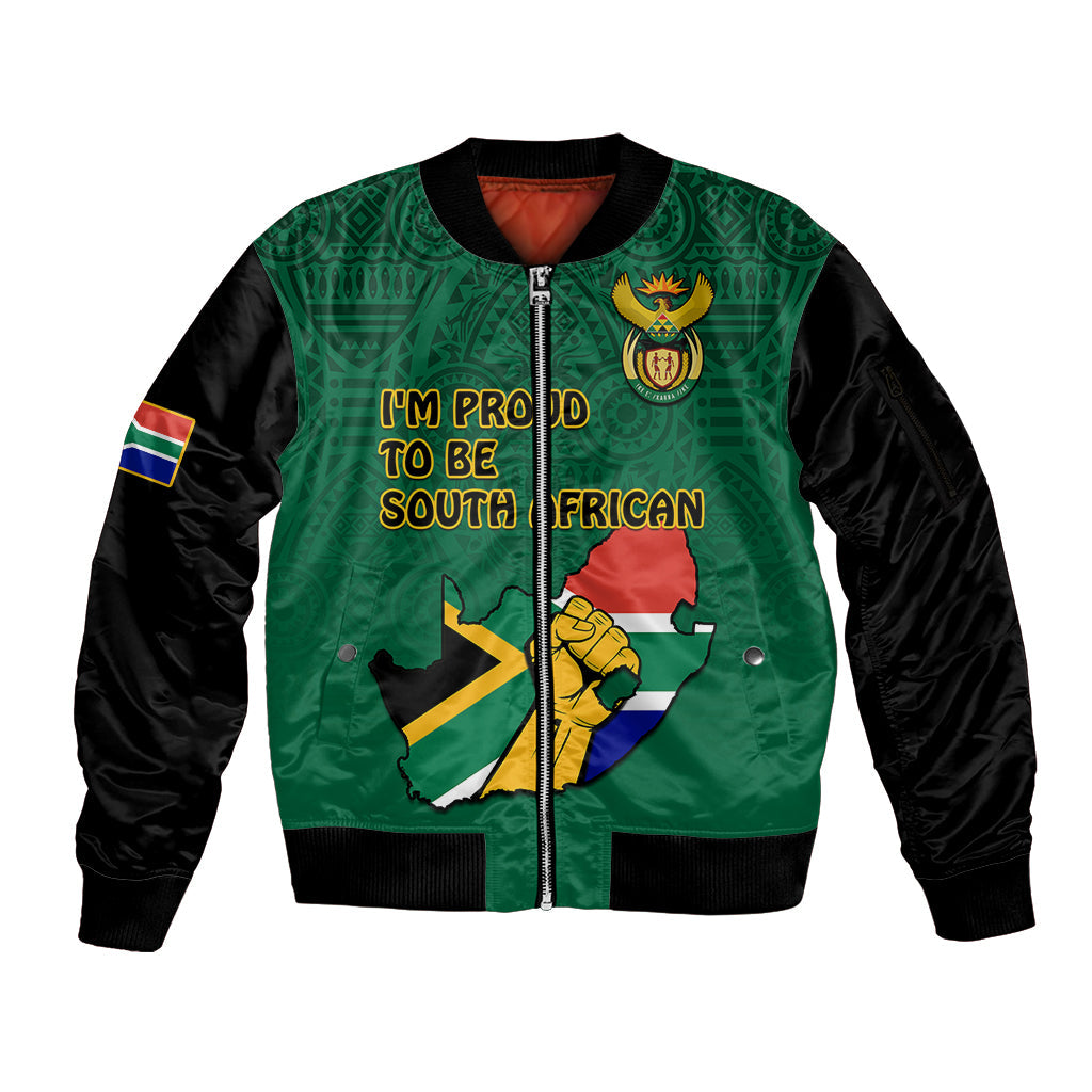 South Africa Sleeve Zip Bomber Jacket African Pattern Happy Freedom Day Green Version