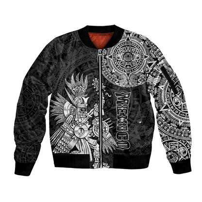 (Custom Personalised) Mexico Aztec Sleeve Zip Bomber Jacket El Calendario Maya Mix Huitzilopochtli Black
