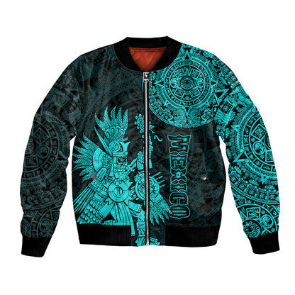 (Custom Personalised) Mexico Aztec Bomber Jacket El Calendario Maya Mix Huitzilopochtli Turquoise