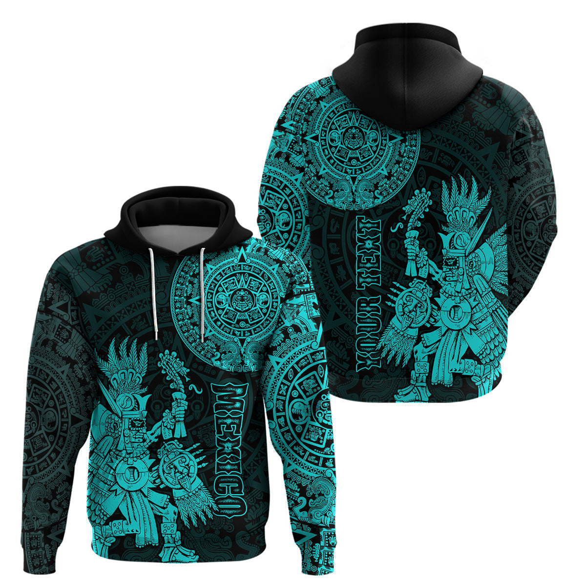 Custom Mexico Aztec Hoodie El Calendario Maya Mix Huitzilopochtli Turquoise