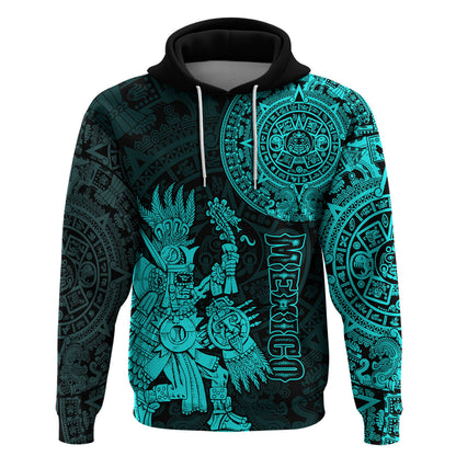Custom Mexico Aztec Hoodie El Calendario Maya Mix Huitzilopochtli Turquoise