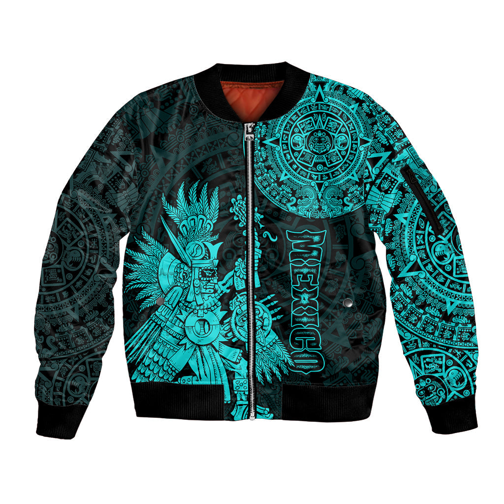 (Custom Personalised) Mexico Aztec Sleeve Zip Bomber Jacket El Calendario Maya Mix Huitzilopochtli Turquoise