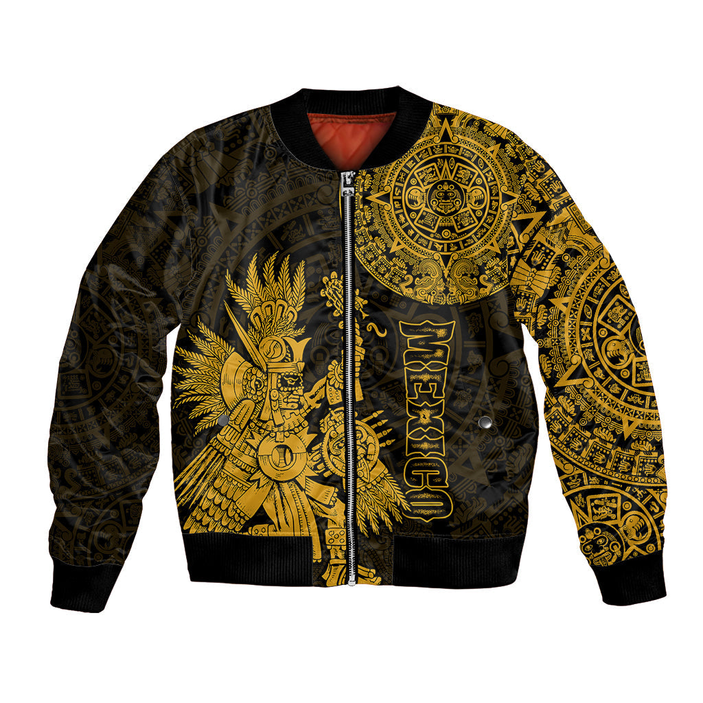 (Custom Personalised) Mexico Aztec Bomber Jacket El Calendario Maya Mix Huitzilopochtli Gold