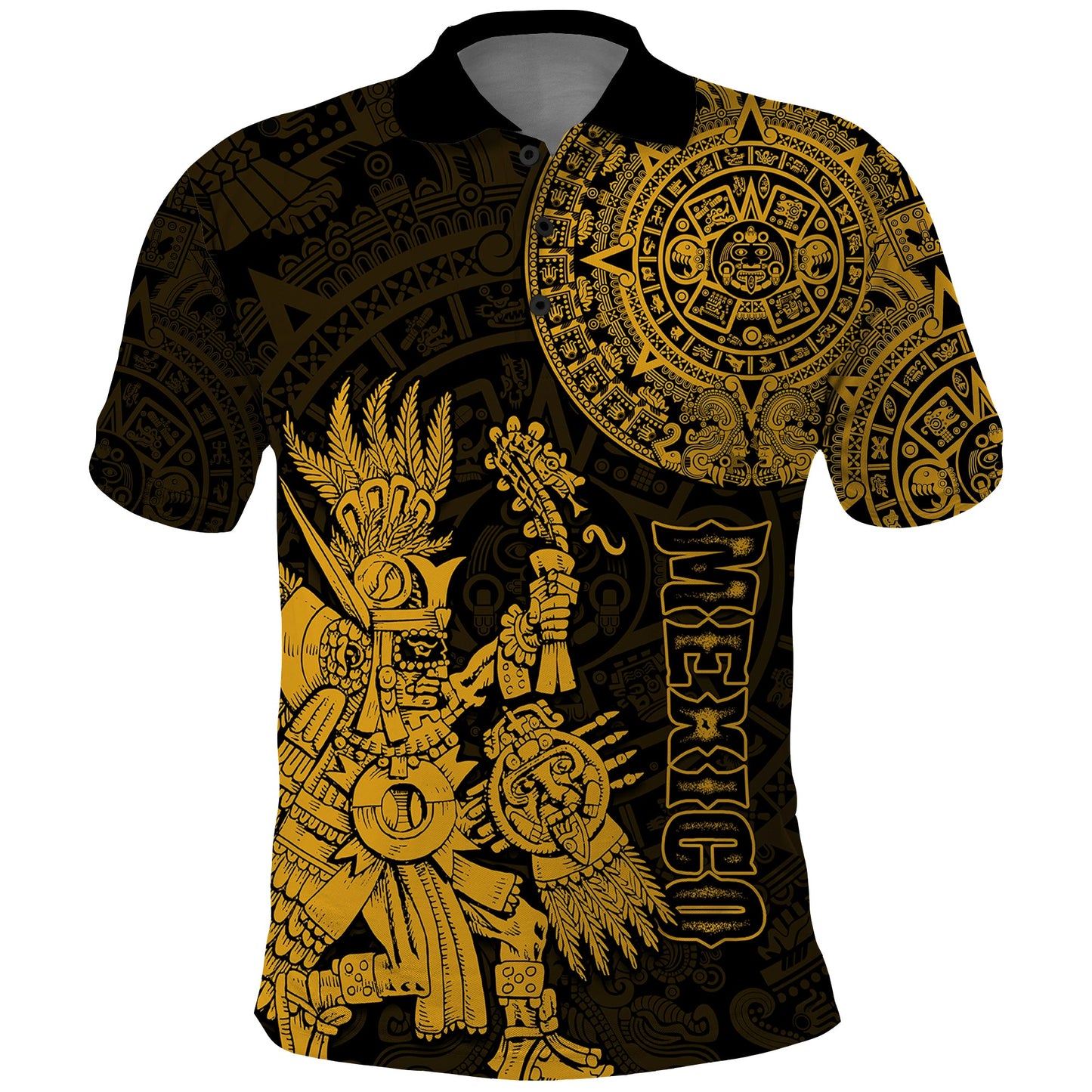 Custom Mexico Aztec Polo Shirt El Calendario Maya Mix Huitzilopochtli Gold