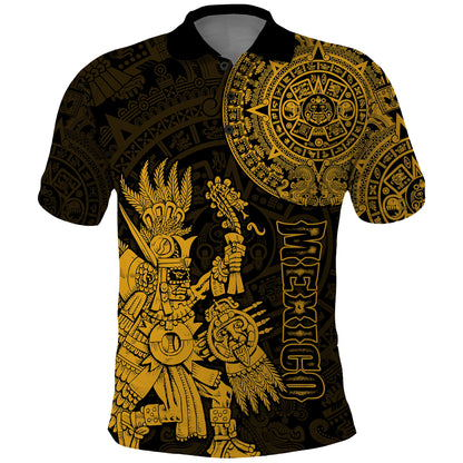 Custom Mexico Aztec Polo Shirt El Calendario Maya Mix Huitzilopochtli Gold