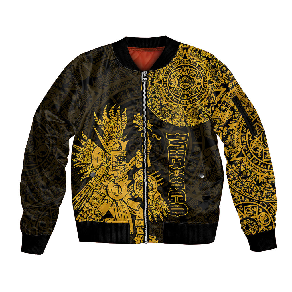 (Custom Personalised) Mexico Aztec Sleeve Zip Bomber Jacket El Calendario Maya Mix Huitzilopochtli Gold
