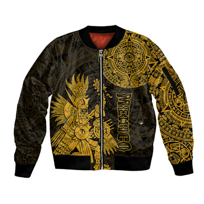 (Custom Personalised) Mexico Aztec Sleeve Zip Bomber Jacket El Calendario Maya Mix Huitzilopochtli Gold