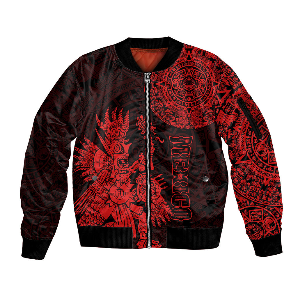 (Custom Personalised) Mexico Aztec Sleeve Zip Bomber Jacket El Calendario Maya Mix Huitzilopochtli Red