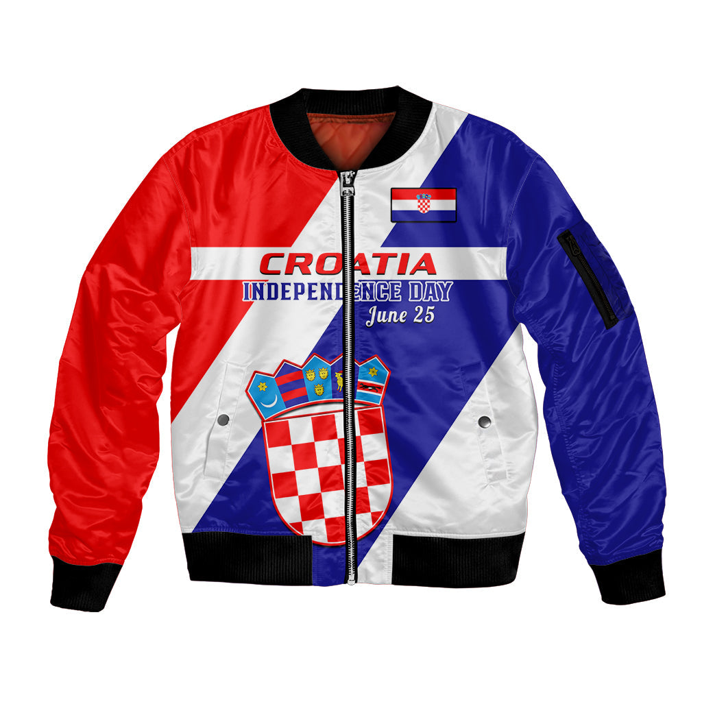 Personalised June 25 Croatia Sleeve Zip Bomber Jacket Independence Day Hrvatska Coat Of Arms 32Nd Anniversary