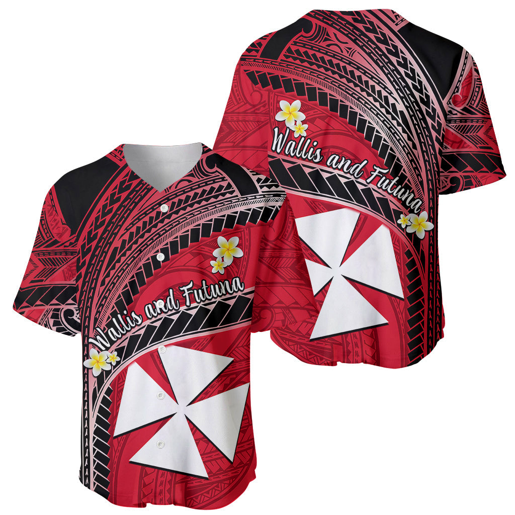 Wallis And Futuna Baseball Jersey Plumeria Flowers With Red Polynesian Pattern