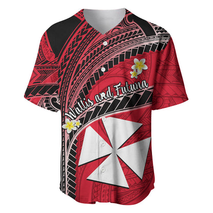 Wallis And Futuna Baseball Jersey Plumeria Flowers With Red Polynesian Pattern