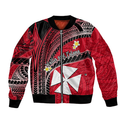 Wallis And Futuna Bomber Jacket Plumeria Flowers With Red Polynesian Pattern