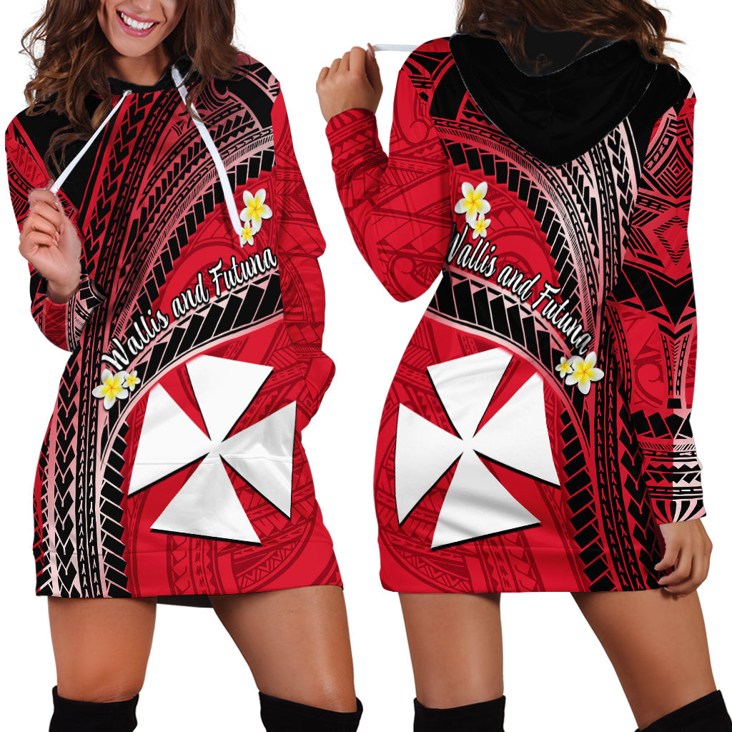 Wallis And Futuna Hoodie Dress Plumeria Flowers With Red Polynesian Pattern