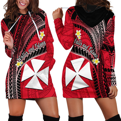 Wallis And Futuna Hoodie Dress Plumeria Flowers With Red Polynesian Pattern