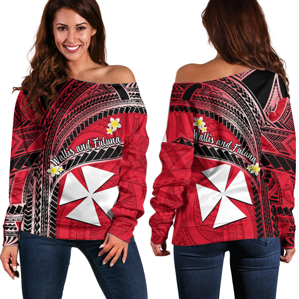Wallis And Futuna Off Shoulder Sweater Plumeria Flowers With Red Polynesian Pattern