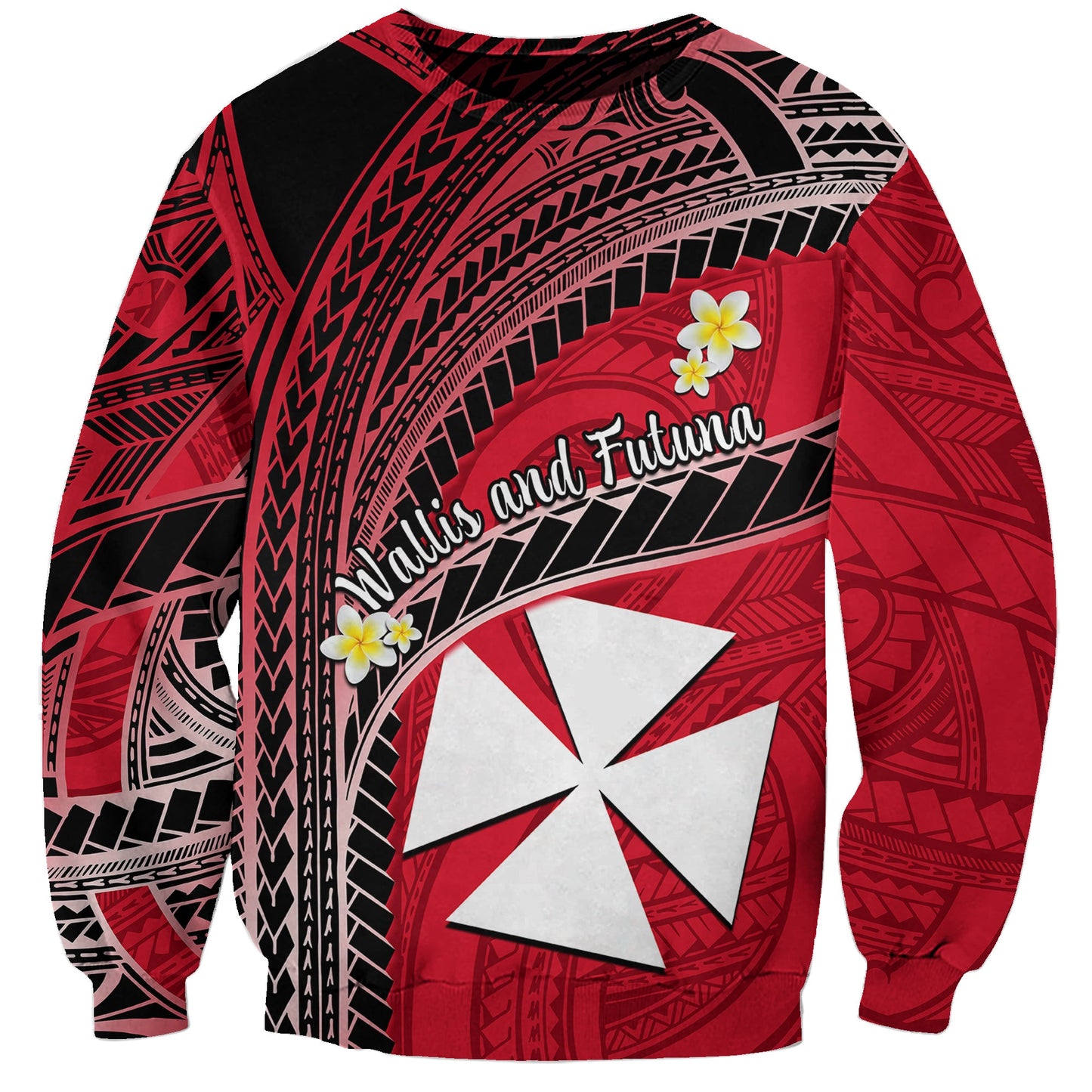 Wallis And Futuna Sweatshirt Plumeria Flowers With Red Polynesian Pattern