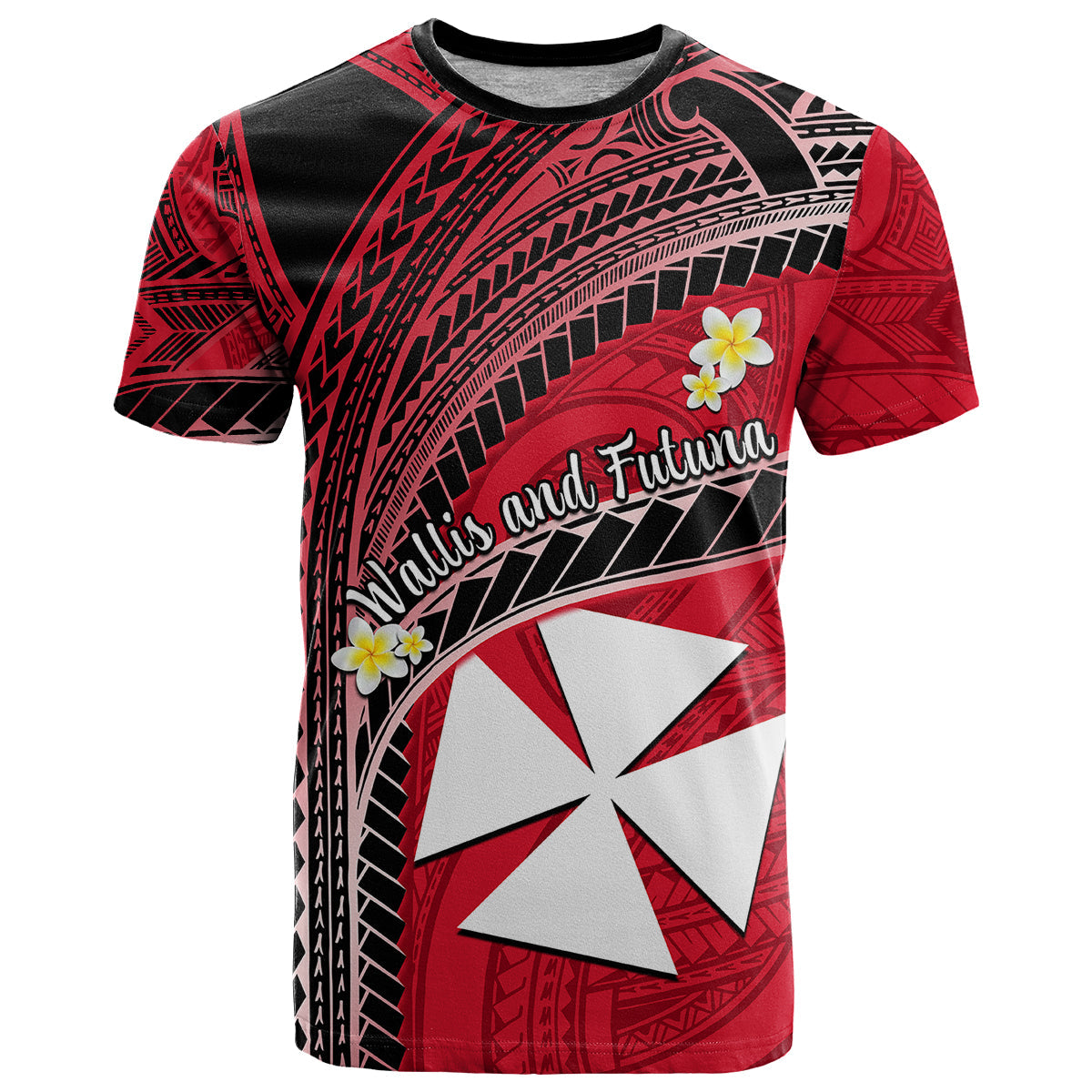 Wallis And Futuna T Shirt Plumeria Flowers With Red Polynesian Pattern